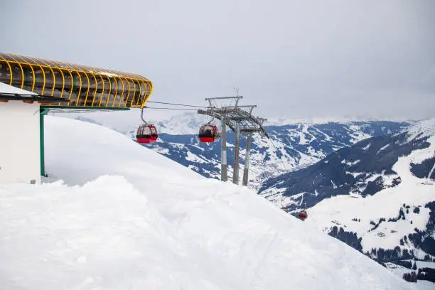 Photo of Ski lift booths at a ski resort.