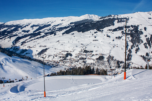 Beautiful view of the snowy mountains, winter sport. Panorama of the Austrian ski resort of Saalbach-Hinterglemm , Austria