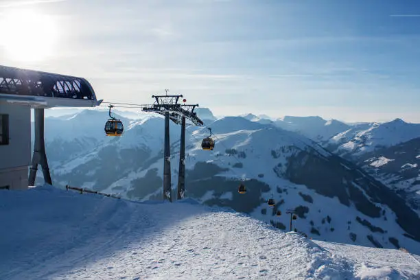 Ski lift booths at a ski resort. Ski lift in the high winter mountains.