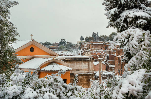 istock Roman Forum with snow from Capitoline Hill park 1094698730