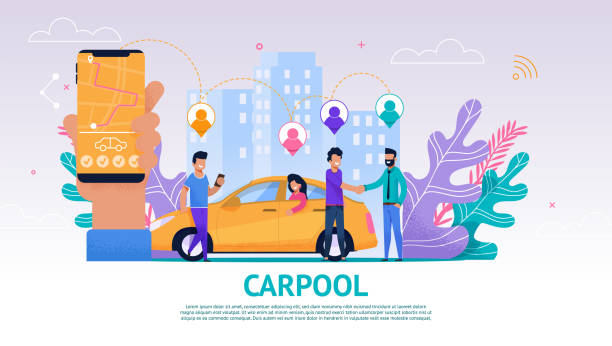 Banner Illustration Group People Travel Companion Banner Illustration Group People Travel Companion. Vector Image Carpool. Mobile Screen Meeting Location Map. Men Greet. Guy Driver Happily Greet his Fellow Travelers Road. Traveling Together by Car car pooling stock illustrations