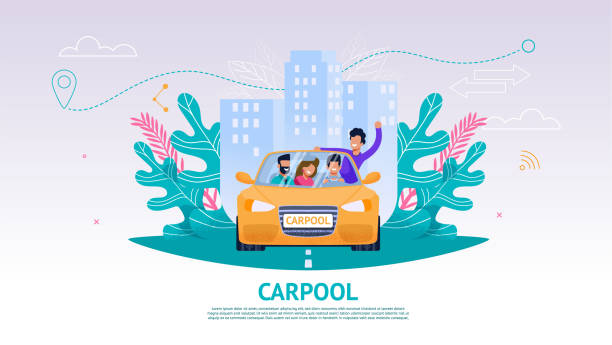 ilustracja happy company ludzie w samochodzie, carpool - taxi yellow driving car stock illustrations