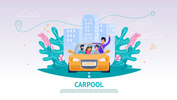 Illustration Happy Company People in Car, Carpool Illustration Happy Company People in Car, Carpool. Banner Vector Joint Train Company Friends. Travel from Point A to Point B. Yellow Car People Background Urban Landscape. Guy Leaned Out Car Window car pooling stock illustrations