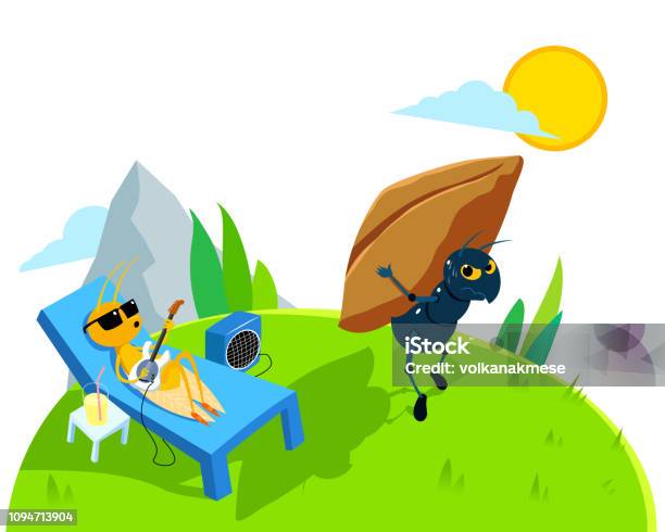 Ant And Cidada Illustration Stock Illustration - Download Image Now - Ant, Cicada, Grasshopper