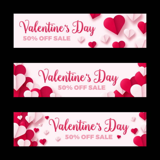 Valentines day sale banner, paper origami hearts divided into half. Vector illustration. vector art illustration