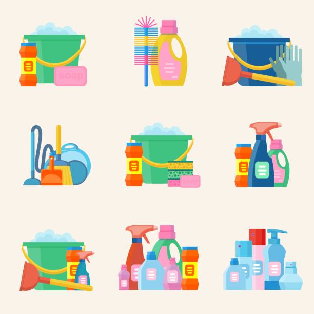 inländische werkzeuge für die reinigung auf dem weißen - cleaning fluid stock-grafiken, -clipart, -cartoons und -symbole