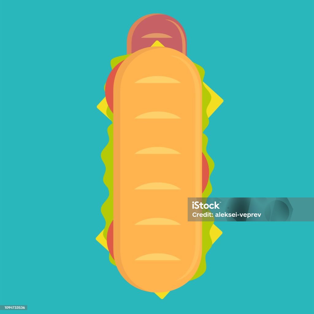 Hot dog with big sausage and fresh tomato isolated on background. Top view. Hot dog with big sausage and fresh tomato isolated on background. Top view. Stock flat vector illustration. Submarine Sandwich stock vector