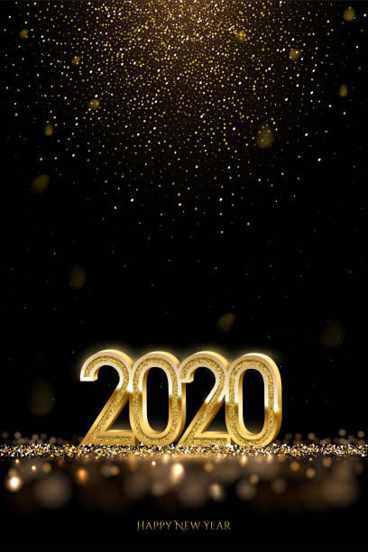 2020 New Year luxury design concept. Vector golden 2020 New Year vertical template with falling golden snow. 2020 New Year luxury design concept. Vector golden 2020 New Year vertical template with falling golden snow 2020 stock illustrations