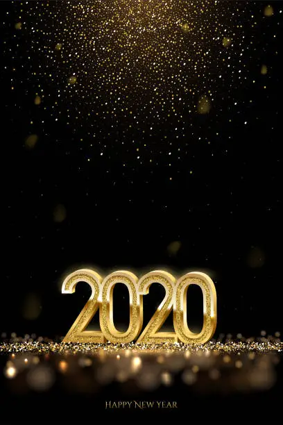 Vector illustration of 2020 New Year luxury design concept. Vector golden 2020 New Year vertical template with falling golden snow.