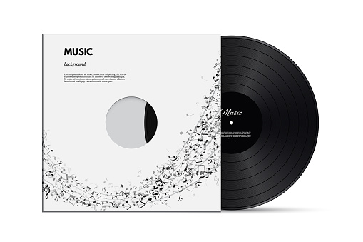 Musical background with vinyl disc and cover with black notes isolated on white background. Vector illustration for music flyer, banner, poster or brochure