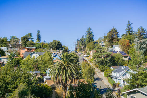 residential neighborhood area in oakland on a sunny autumn day, san francisco bay area, california - bay san francisco county residential district aerial view imagens e fotografias de stock