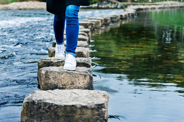 istock Woman crossing stepping stones on a river 1094755250