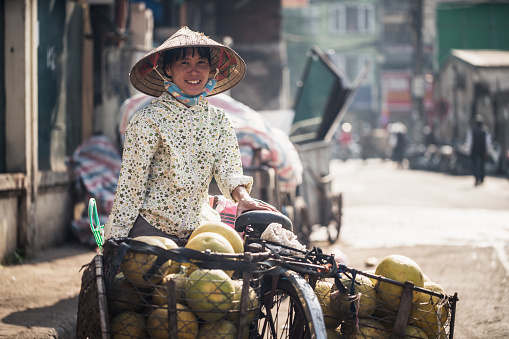 Portrait of Vietnamese woman selling tropical fruits on the street of Hanoi city, Vietnam
