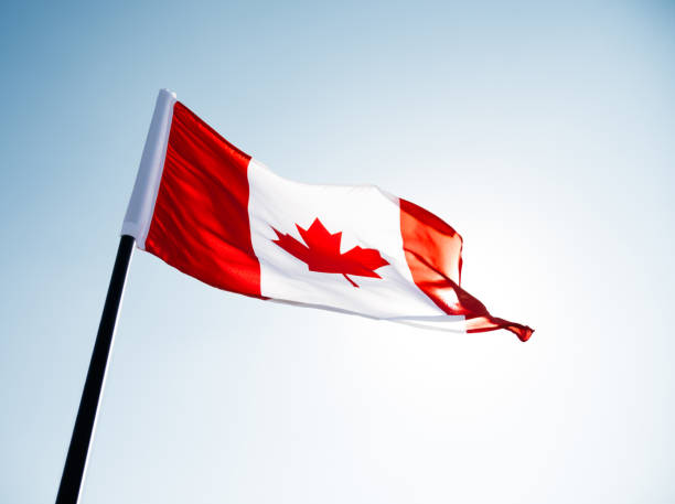 istock Canadian flag waving  against clear blue sky 1094764336
