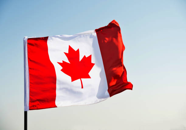 istock Canadian flag waving  against clear blue sky 1094764360