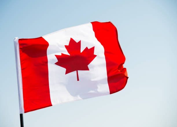 istock Canadian flag waving  against clear blue sky 1094764392