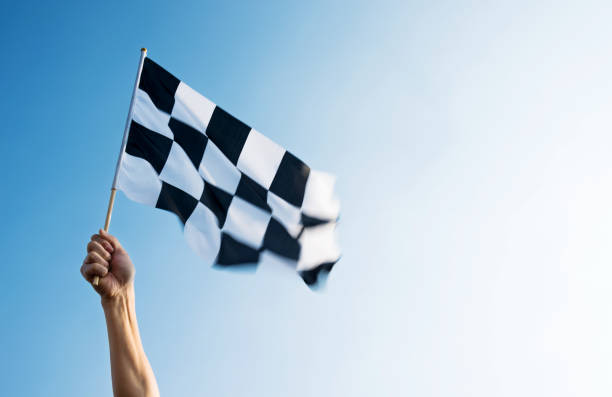 Man hand holding checkered flag in the wind.