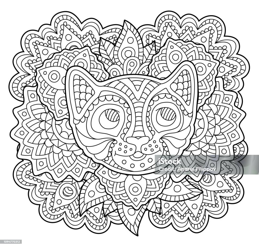 Coloring book page with stylized cat face Coloring book page with stylized kitten face on beautiful abstract pattern Coloring Book Page - Illlustration Technique stock vector