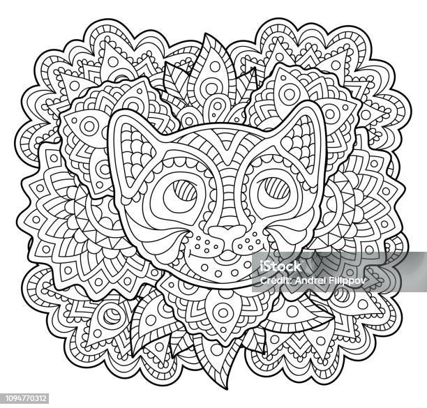 Coloring Book Page With Stylized Cat Face Stock Illustration - Download Image Now - Coloring Book Page - Illlustration Technique, Kitten, Pattern