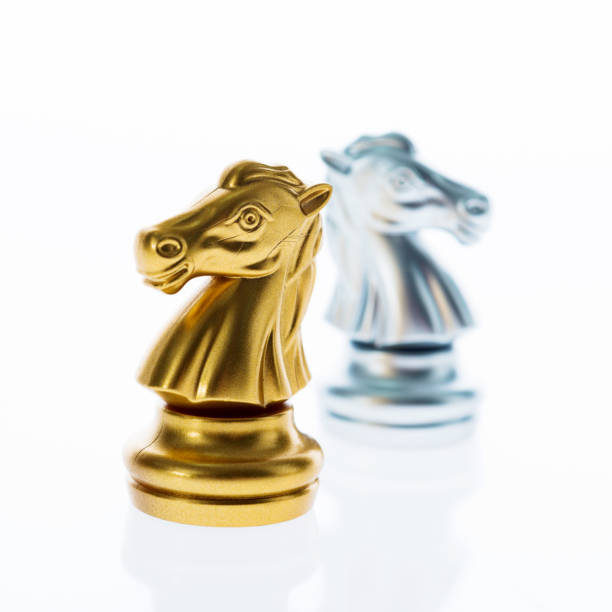 istock Two knight pieces of chess standing back to back 1094770550