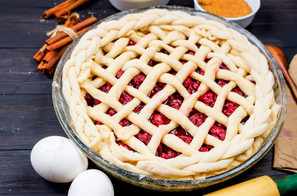 istock Raw cherry Pie in a glass round form and Ingredients 1094792444