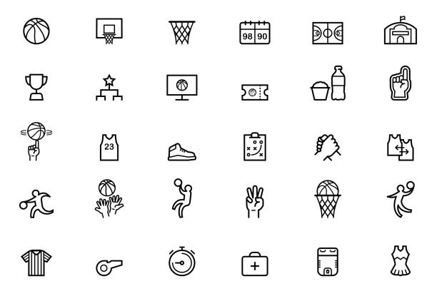 ilustraciones, imágenes clip art, dibujos animados e iconos de stock de iconos del baloncesto - basketball