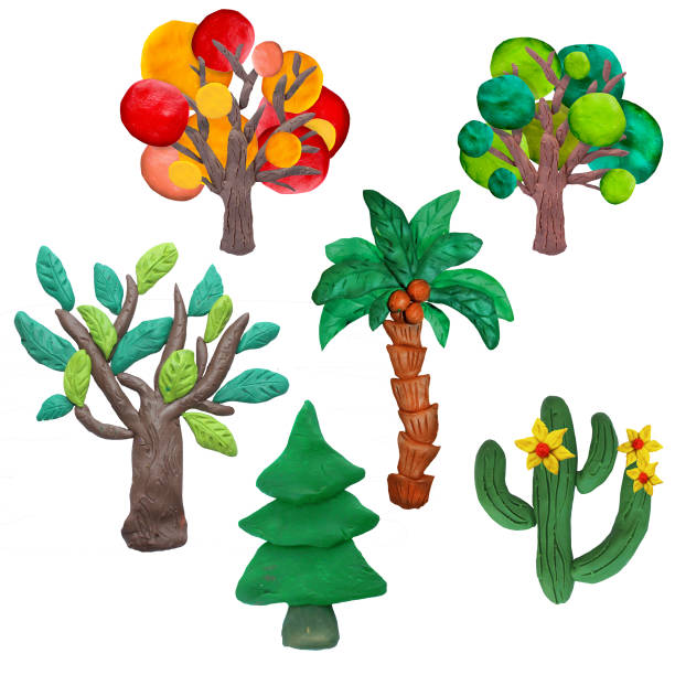 Colorful plasticine 3D trees,   icons set isolated on white background