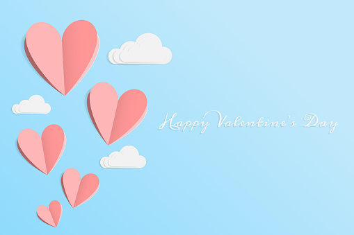 vector of love and Happy Valentine's day. origami design elements cut paper made pink heart float up on the blue sky with white cloud. paper art and digital craft style. Happy Valentines greeting card