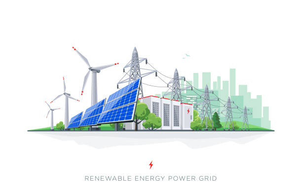 illustrazioni stock, clip art, cartoni animati e icone di tendenza di sistema di rete intelligente per lo stoccaggio di batterie per l'energia solare ed eolica rinnovabile con linee elettriche - energia rinnovabile