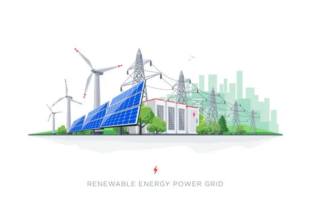 Vector illustration of Renewable Solar and Wind Energy Battery Storage Smart Grid System with Power Lines