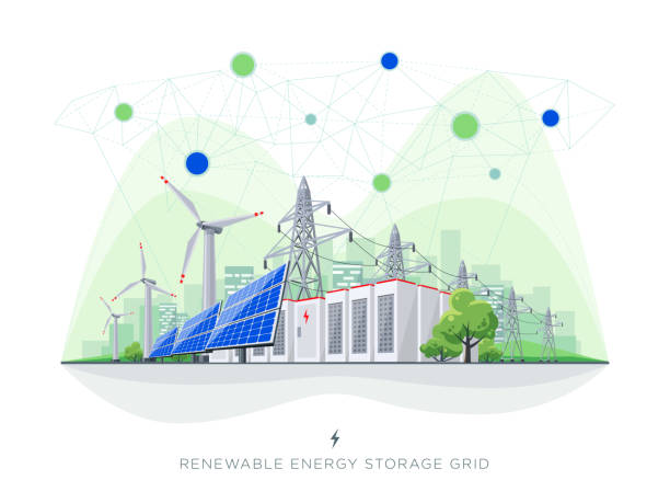 Renewable Solar and Wind Energy Battery Storage Smart Grid System with Power Lines Renewable energy smart grid blockchain connected system. Flat vector illustration of solar panels, wind turbines, battery storage, high voltage electricity power transmission grid and city skyline. wind turbine illustrations stock illustrations