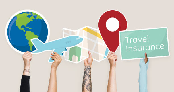 Hands holding travel icons clipart