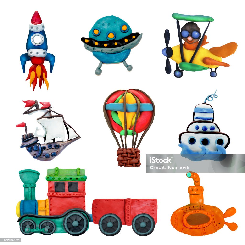 Colorful plasticine 3D transport game   icons set isolated on white background Child's Play Clay Stock Photo