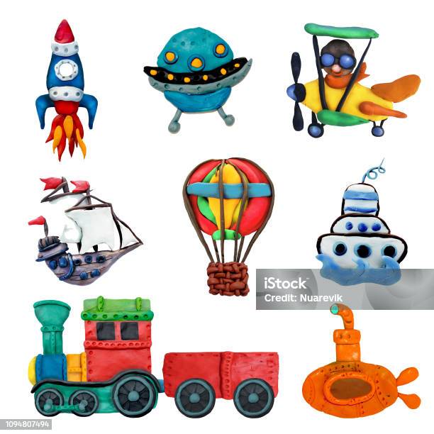 Colorful Plasticine 3d Transport Game Icons Set Isolated On White Background Stock Photo - Download Image Now