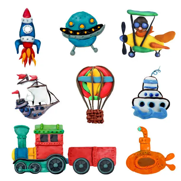 Photo of Colorful plasticine 3D transport game   icons set isolated on white background