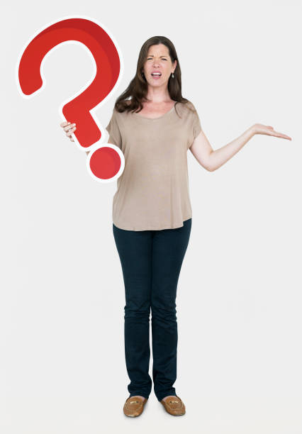 istock Confused woman holding a question mark icon 1094807608