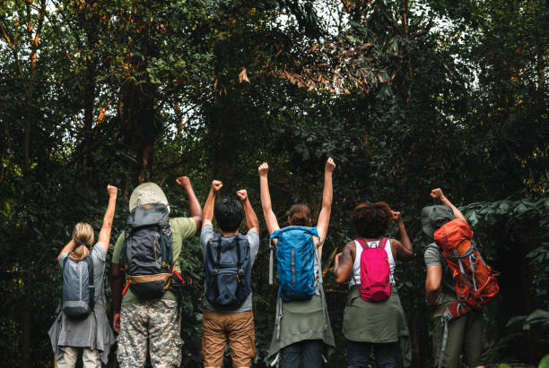 Group of happy diverse campers