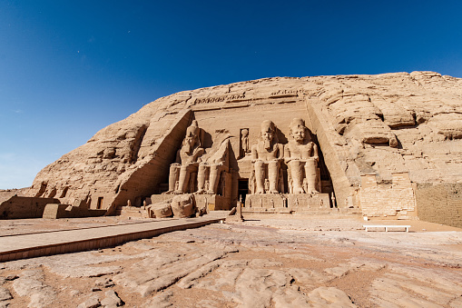 Panoramic view with the entrance to Abu Simbel Great Temple in Aswan Egypt
