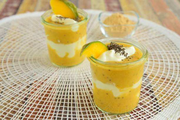 istock Mango puree with Greek yogurt, chia seeds and maca powder for dessert or breakfast 1094812408
