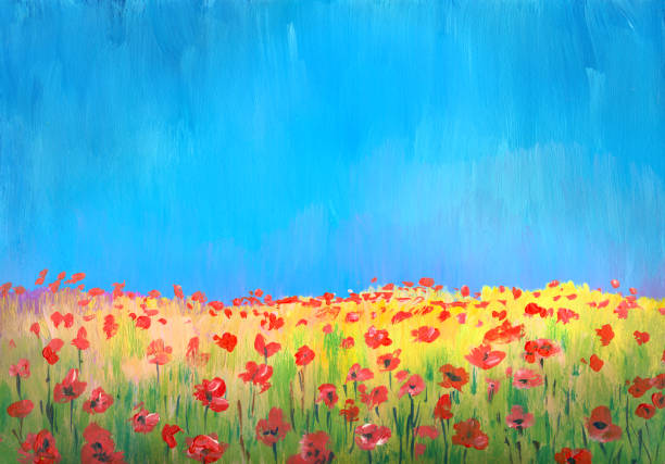 bereich der mohn, impressionismus malerei blüte - landscape nature poppy field stock-grafiken, -clipart, -cartoons und -symbole