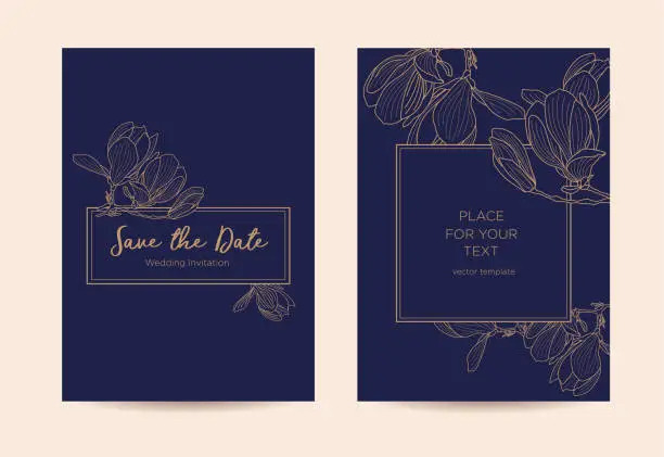 Vector illustration of Elegant wedding invitation  with magnolia flowers.