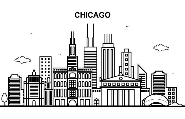 ilustraciones, imágenes clip art, dibujos animados e iconos de stock de ciudad de chicago tour urbano horizonte línea contorno ilustración - chicago