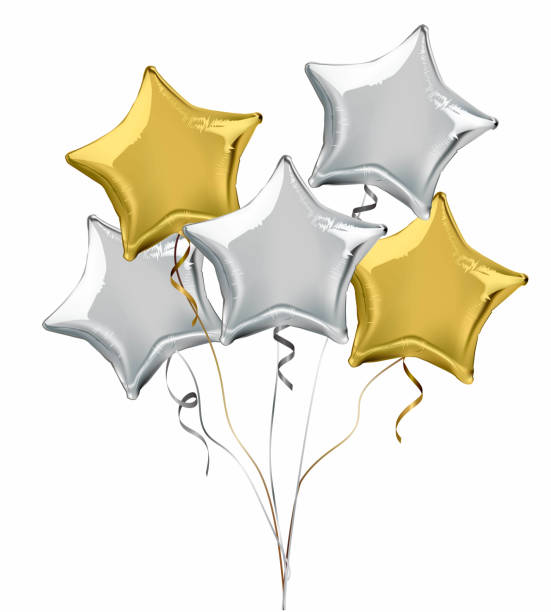 ilustraciones, imágenes clip art, dibujos animados e iconos de stock de estrella de oro y plata en forma de hoja de globos de helio. - mid air balloon gray decoration