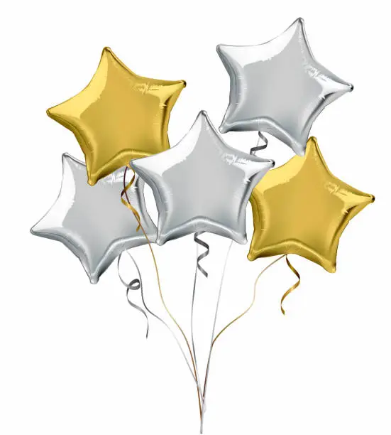 Vector illustration of Silver and gold star shaped foil helium balloons.