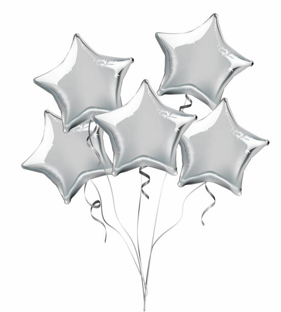 srebrna gwiazda w kształcie balonów helowych. - balloon helium balloon mylar star shape stock illustrations