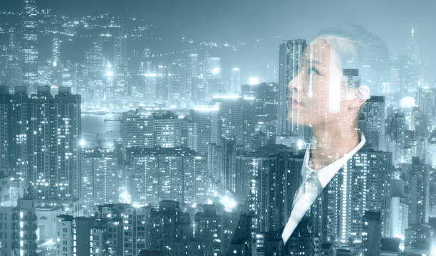 istock Multiple exposure of businesswoman looking up 1094831748