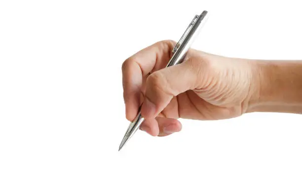 Man hand holding pen on white background