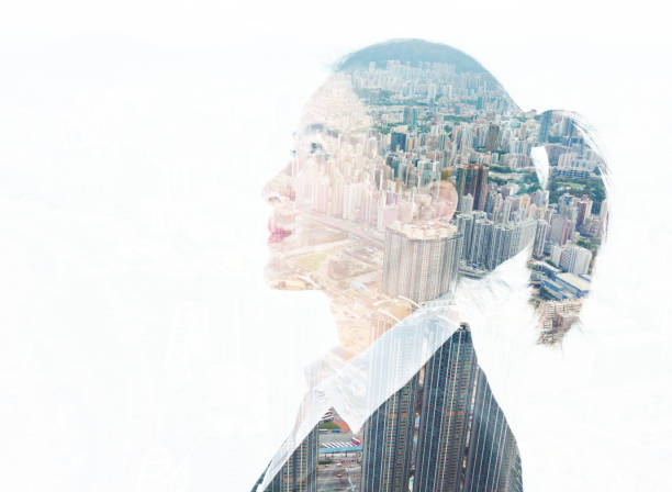 istock Multiple exposure of businesswoman looking up 1094832908