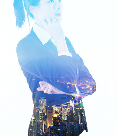 Multiple exposure of businesswoman hand on chin.