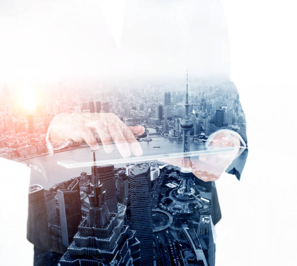 istock Multiple exposure of businesswoman touching digital tablet 1094833054